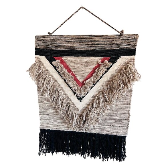 Handwoven Wool Large Wall Hanging Decor With Geometric Design & Fringe Accents - Picture 1 of 7